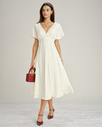 Apricot V-Neck Midi Dress with Cowl Sleeves