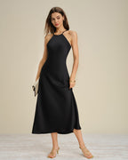 Black Satin Midi Dress with Halter Tie