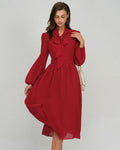Wine Red Chiffon Midi Dress with Lantern Sleeves