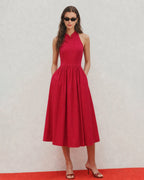 Red Midi Dress with Mandarin Collar and Pockets