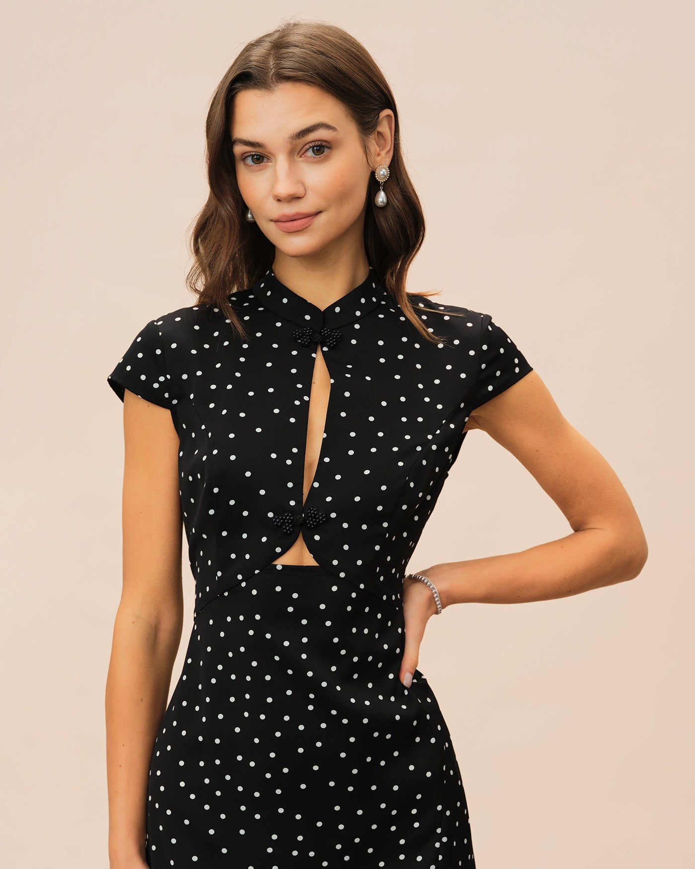 Polka Dot Midi Dress with Black Mandarin Collar