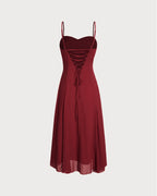 Crimson A-Line Corset Midi Dress