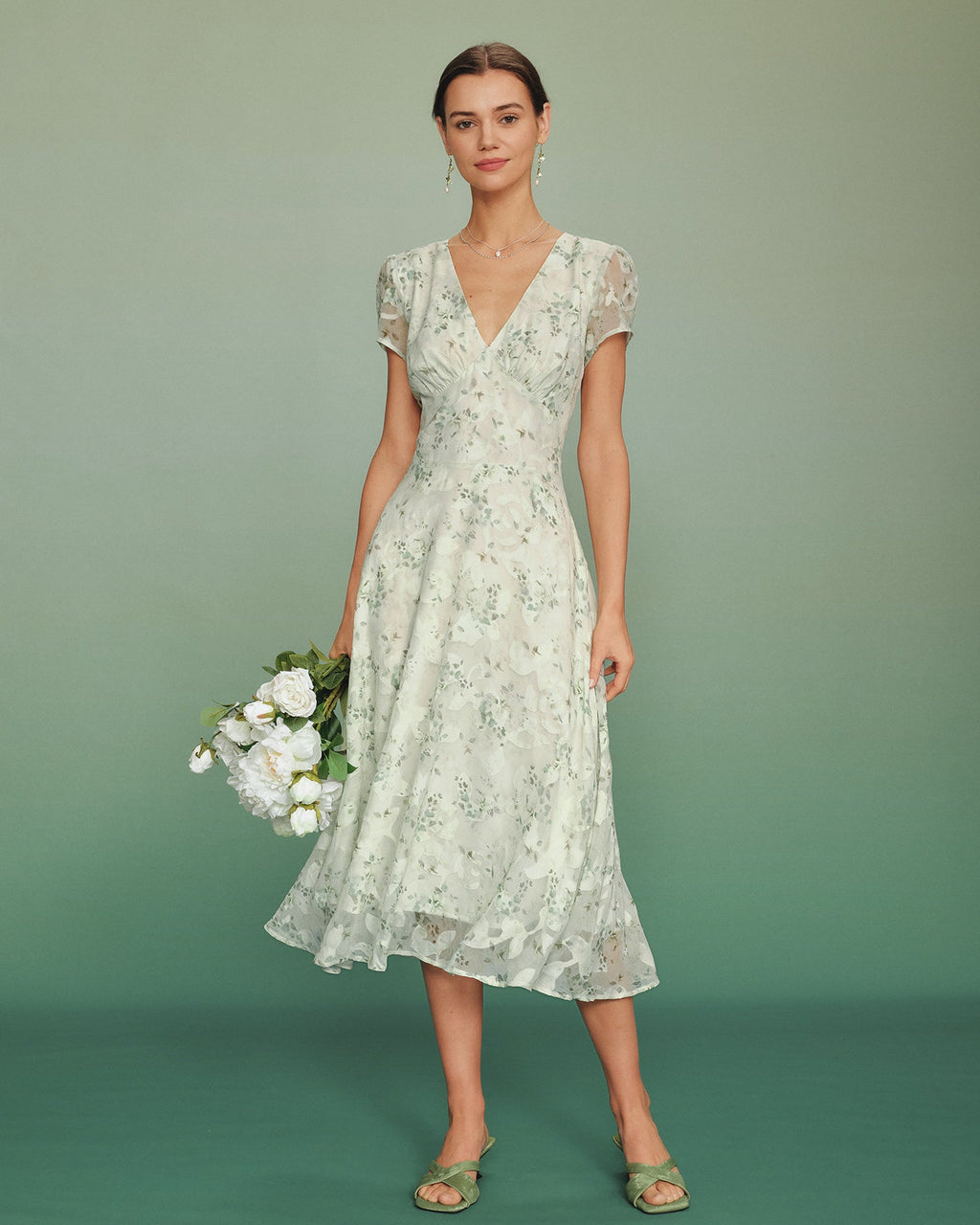 Floral Midi Dress with Green Puffed Sleeves