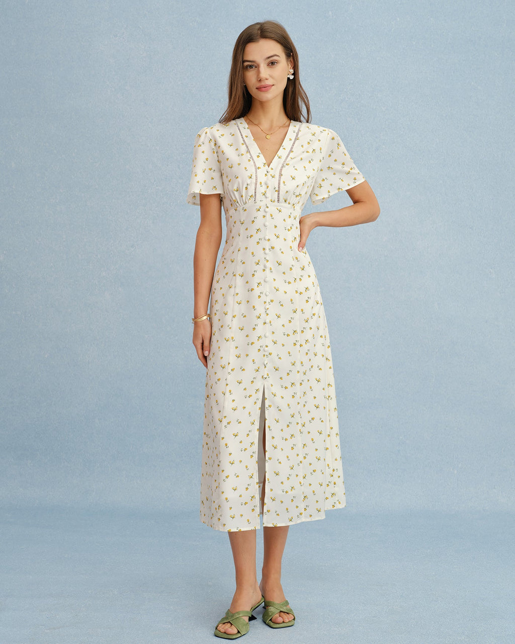 Floral Yellow V-Neck Midi Dress with Slit