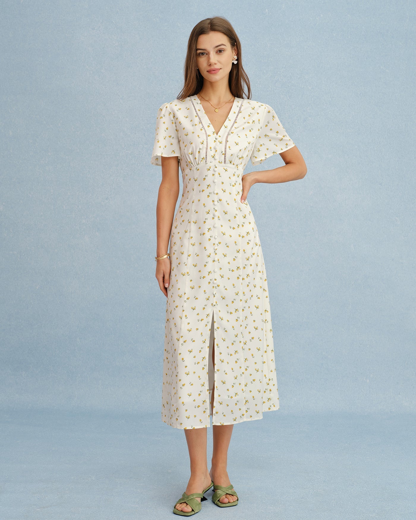 Floral Yellow V-Neck Midi Dress with Slit