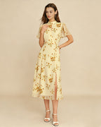 Floral Midi Dress with Yellow Turtle Butterfly Sleeves