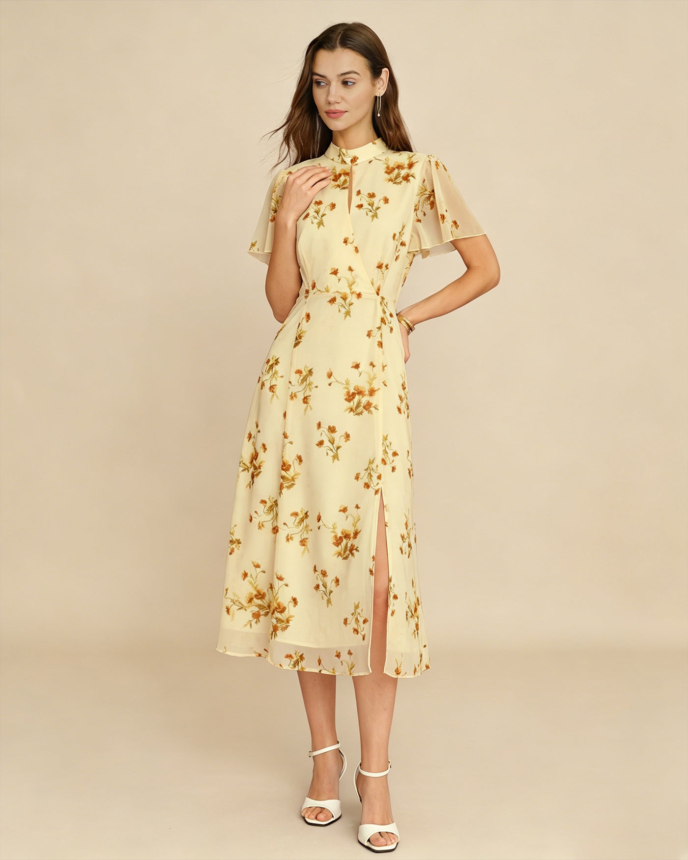 Floral Midi Dress with Yellow Turtle Butterfly Sleeves