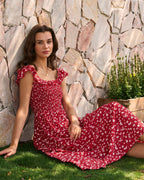 Floral Midi Dress with Red Square Neck