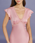 Pink Satin Midi Dress with V-Neck Lace Detail