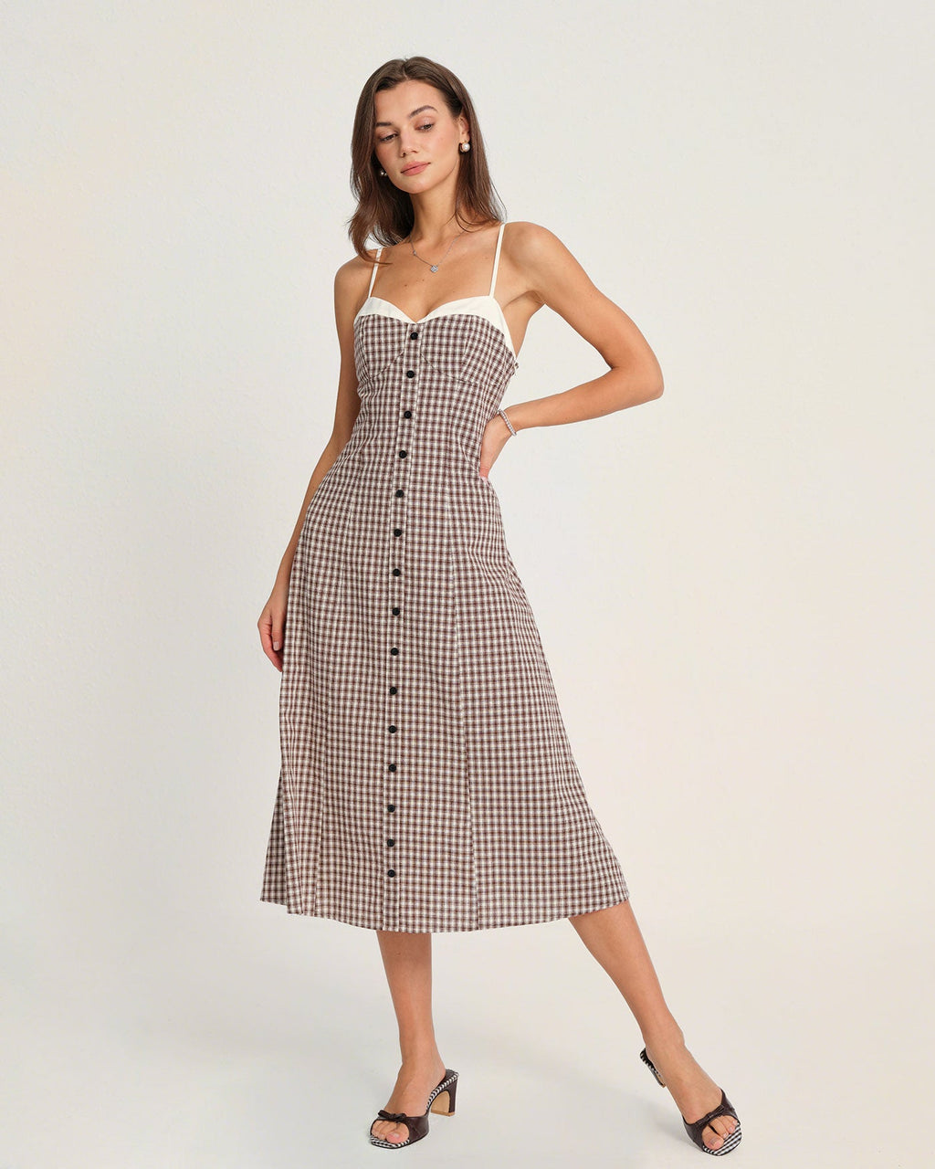 Coffee Checkered Midi Dress