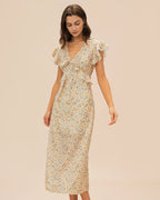 Floral Ruffle Midi Dress in Yellow with V-Neck