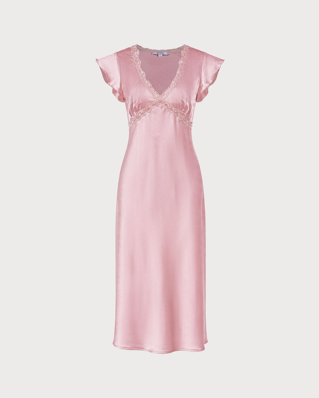 Pink Satin Midi Dress with V-Neck Lace Detail