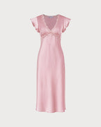 Pink Satin Midi Dress with V-Neck Lace Detail