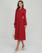Wine Red Chiffon Midi Dress with Lantern Sleeves