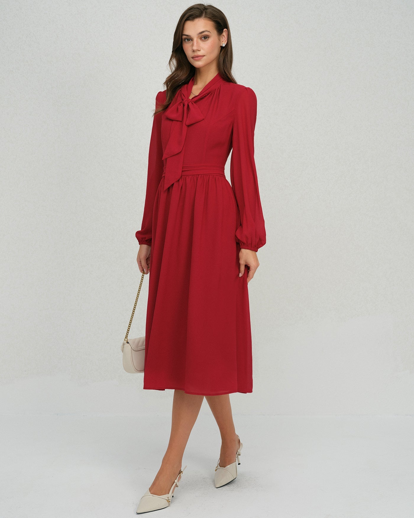 Wine Red Chiffon Midi Dress with Lantern Sleeves