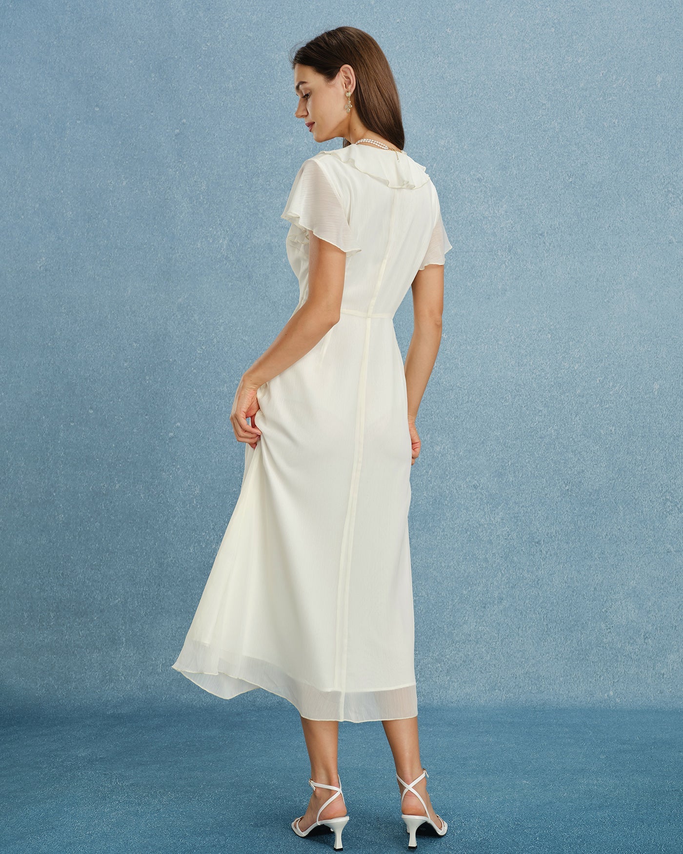 Apricot V-Neck Chiffon Midi Dress with Ruffle Details