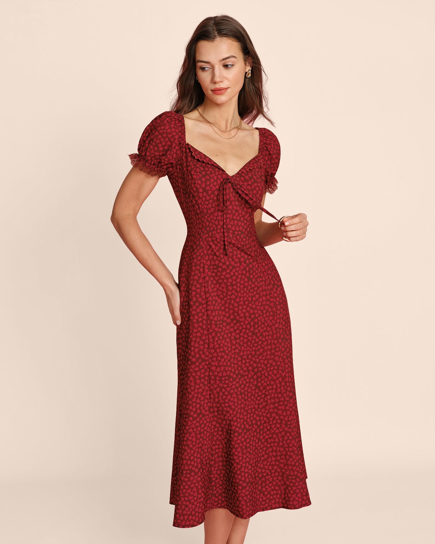 Floral Lace Midi Dress with Red V-Neck