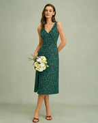 Floral Midi Dress with V-Neck in Green