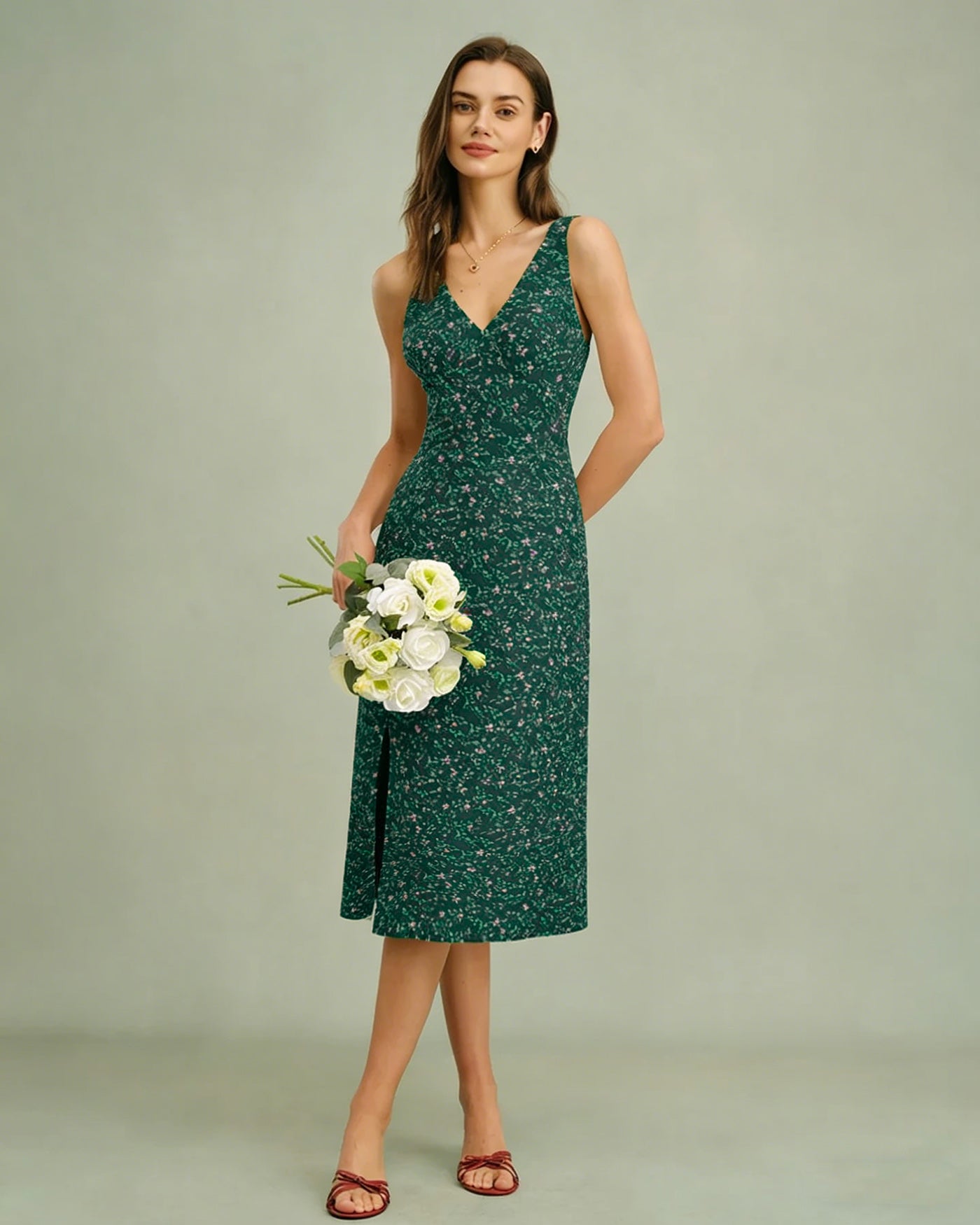 Floral Midi Dress with V-Neck in Green