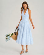 Jacquard Midi Dress with Blue Halter Tie