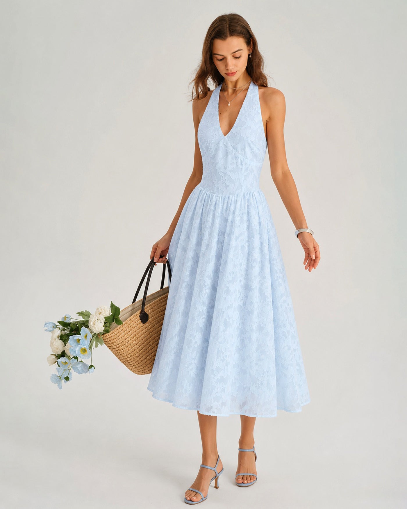Jacquard Midi Dress with Blue Halter Tie