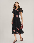 Floral Midi Dress with Black Cut-Out Details