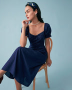 Navy Midi Dress with V-Neck and Puffed Sleeves