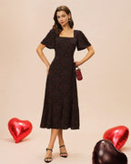 Floral Midi Dress with Black Square Neck and Butterfly Sleeves