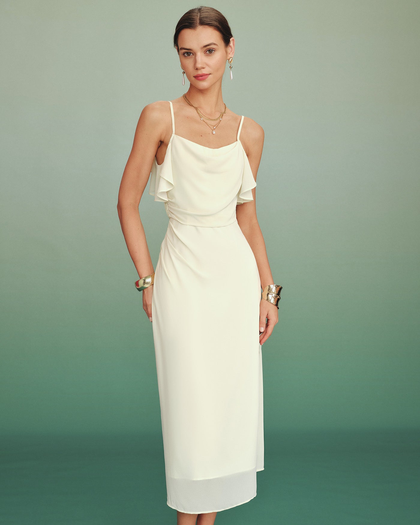 Chiffon Midi Dress with Apricot Ruffle Details