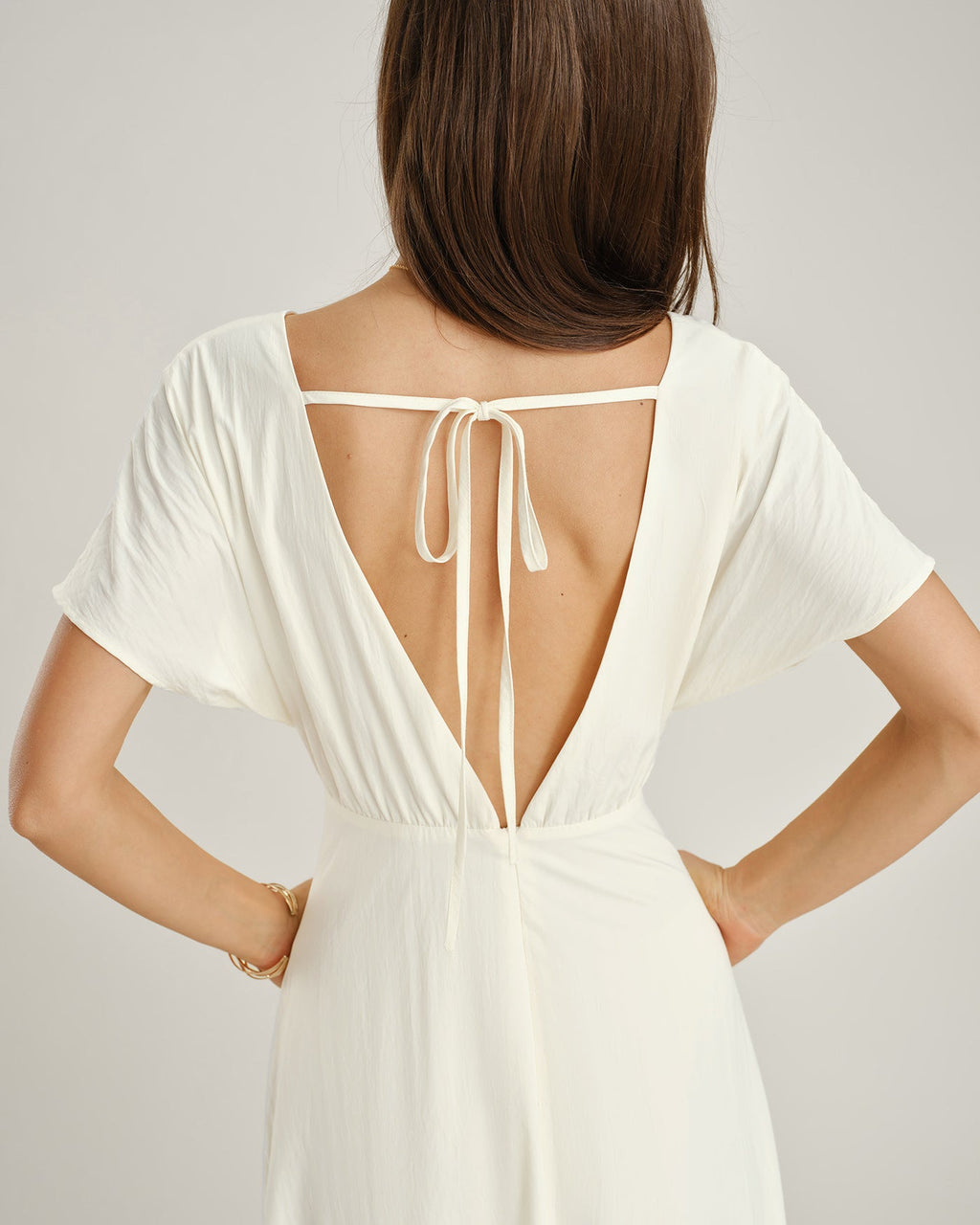 Apricot V-Neck Midi Dress with Cowl Sleeves