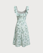 Floral Green Ruched Midi Dress with Square Neck