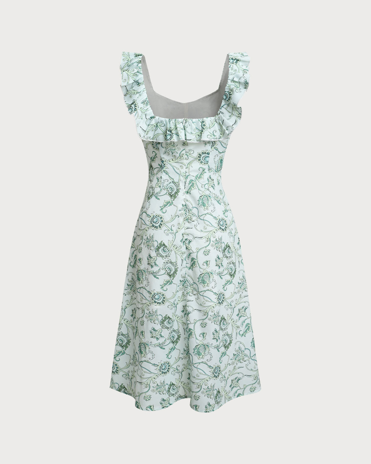 Floral Green Ruched Midi Dress with Square Neck
