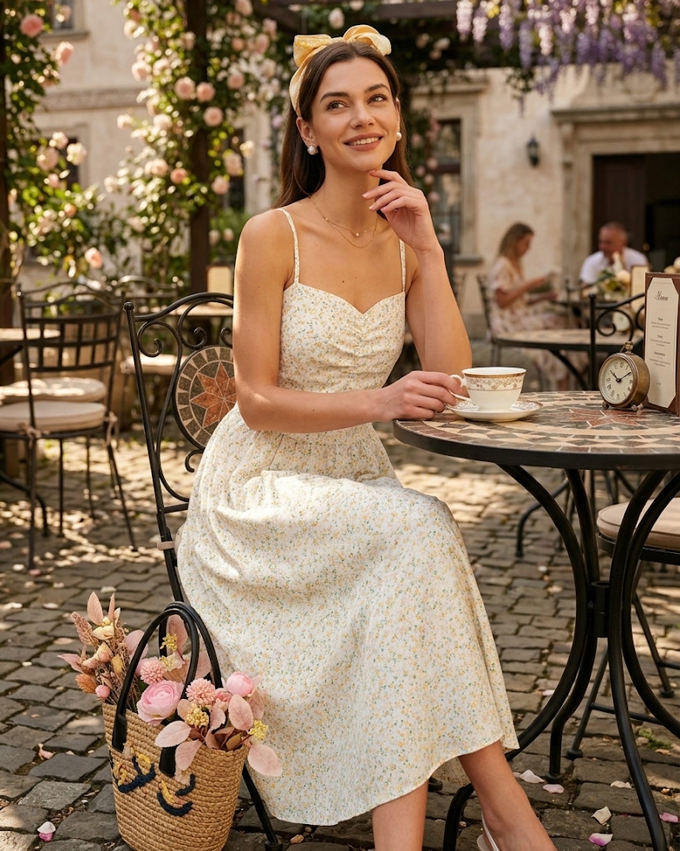 Floral Midi Dress with Sweetheart Neckline in Yellow