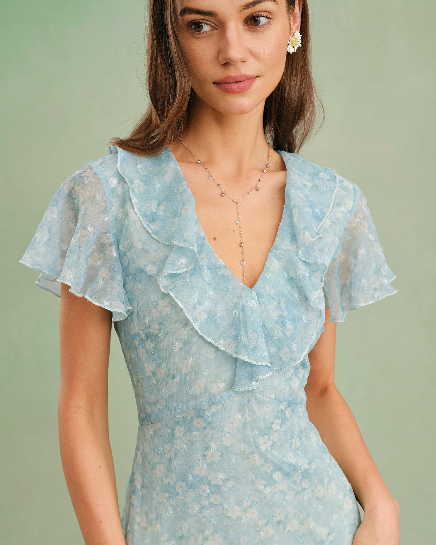 Floral Ruffle Midi Dress in Blue with V-Neck