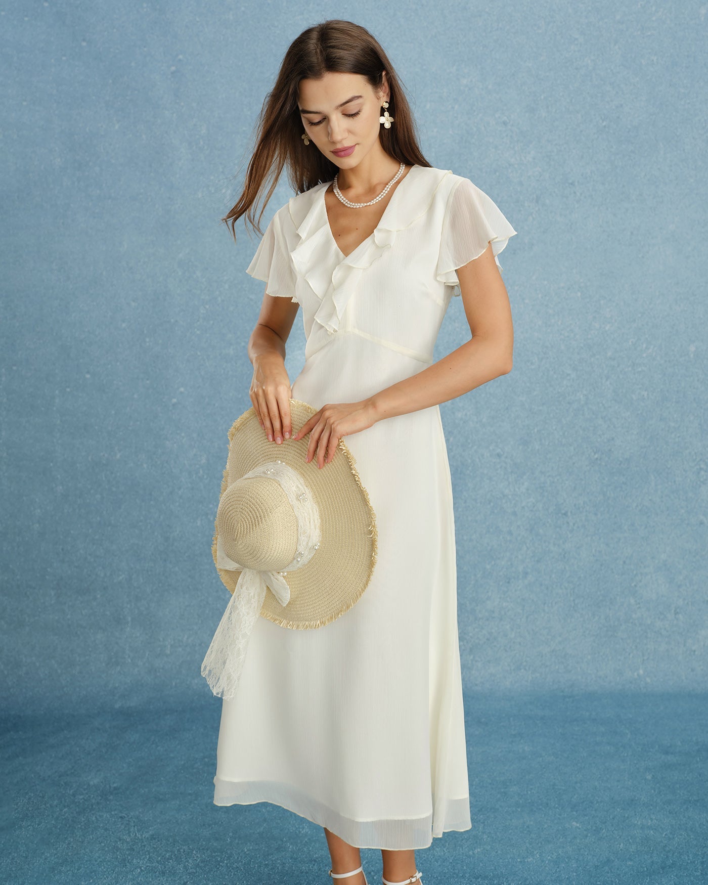 Apricot V-Neck Chiffon Midi Dress with Ruffle Details