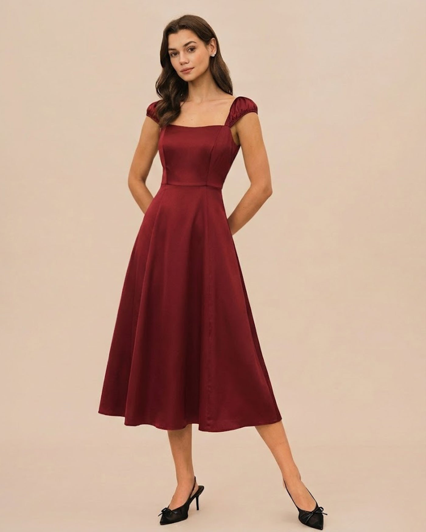 Red Satin Midi Dress with Sweetheart Neckline