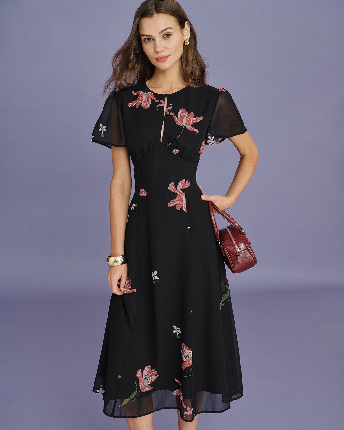 Floral Midi Dress with Black Cut-Out Details