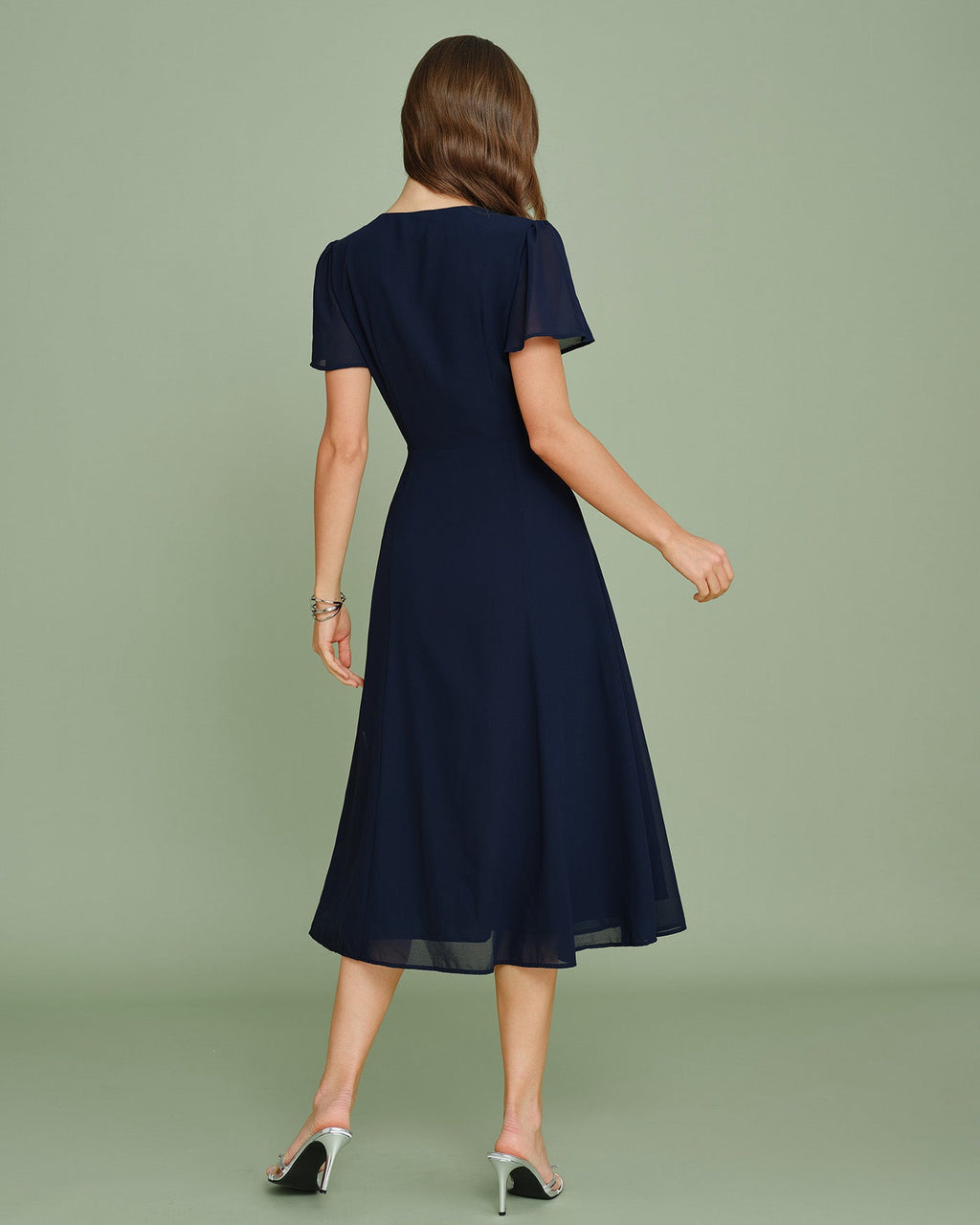 Navy Chiffon Midi Dress with Cut-Out Details