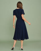 Navy Chiffon Midi Dress with Cut-Out Details