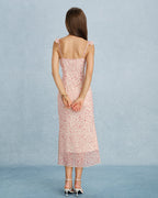 Pink V-Neck Ruffled Midi Dress with Tie Detail