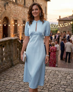 Backless Satin Midi Dress with Blue Puffed Sleeves