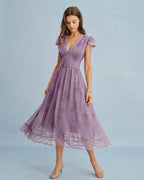 Purple Midi Dress with V-Neck and Lace Details