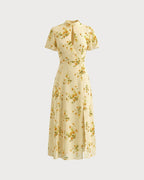 Floral Midi Dress with Yellow Turtle Butterfly Sleeves