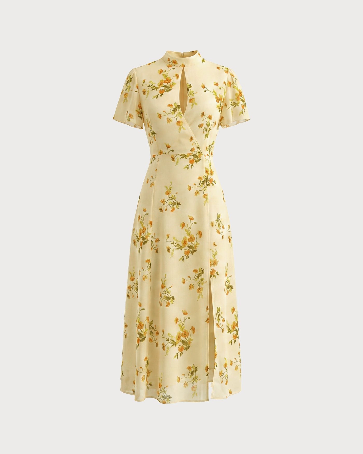 Floral Midi Dress with Yellow Turtle Butterfly Sleeves
