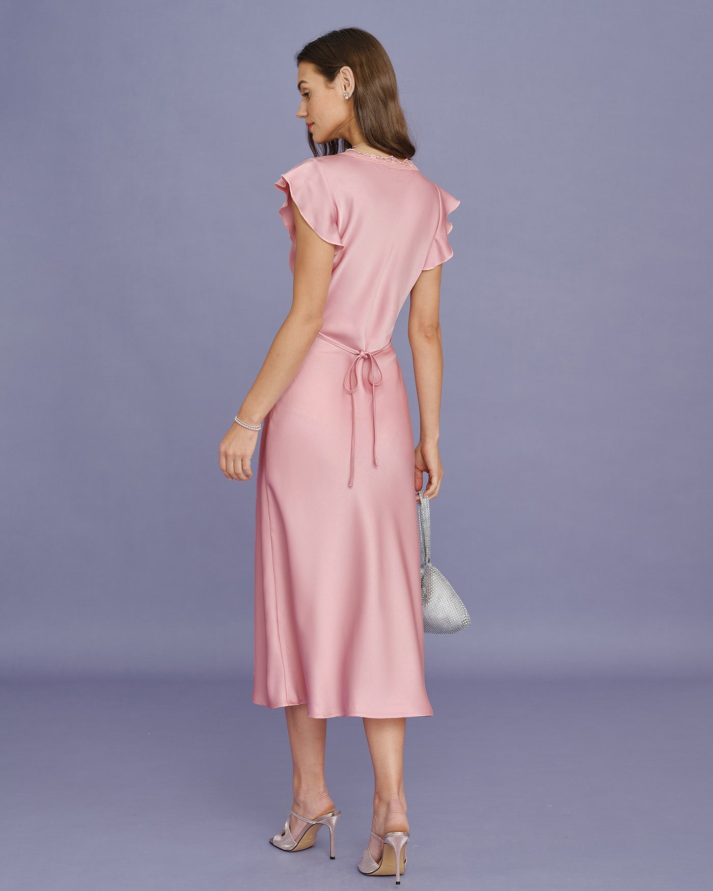 Pink Satin Midi Dress with V-Neck Lace Detail
