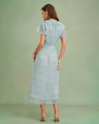 Floral Ruffle Midi Dress in Blue with V-Neck