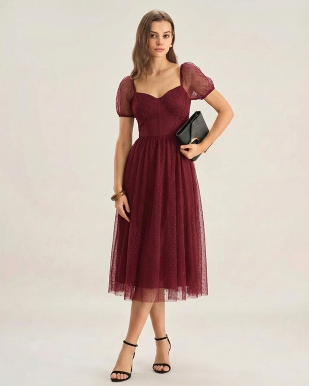 Red Polka Dot Midi Dress with Sweetheart Neckline