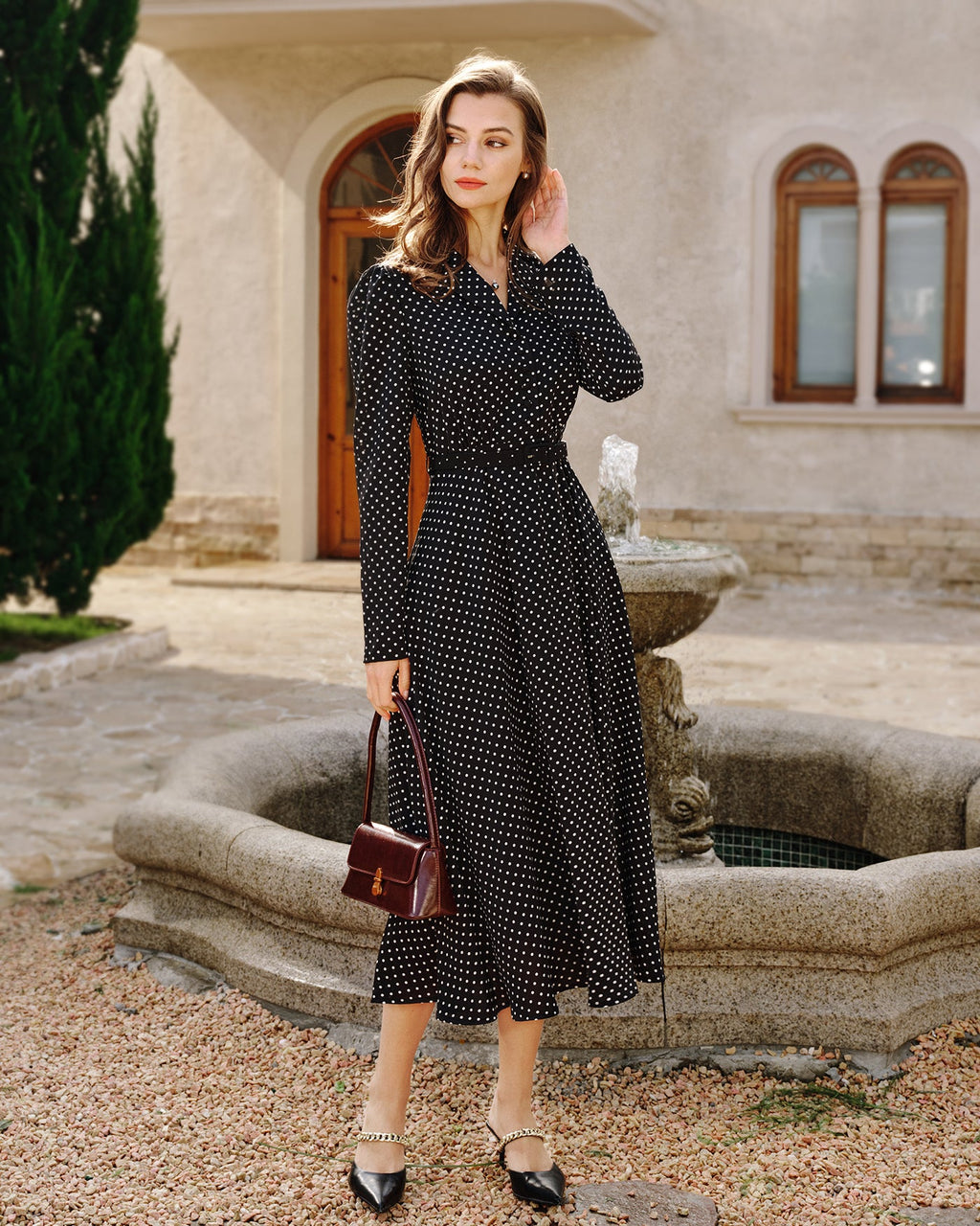 Polka Dot Midi Dress with Black Collar