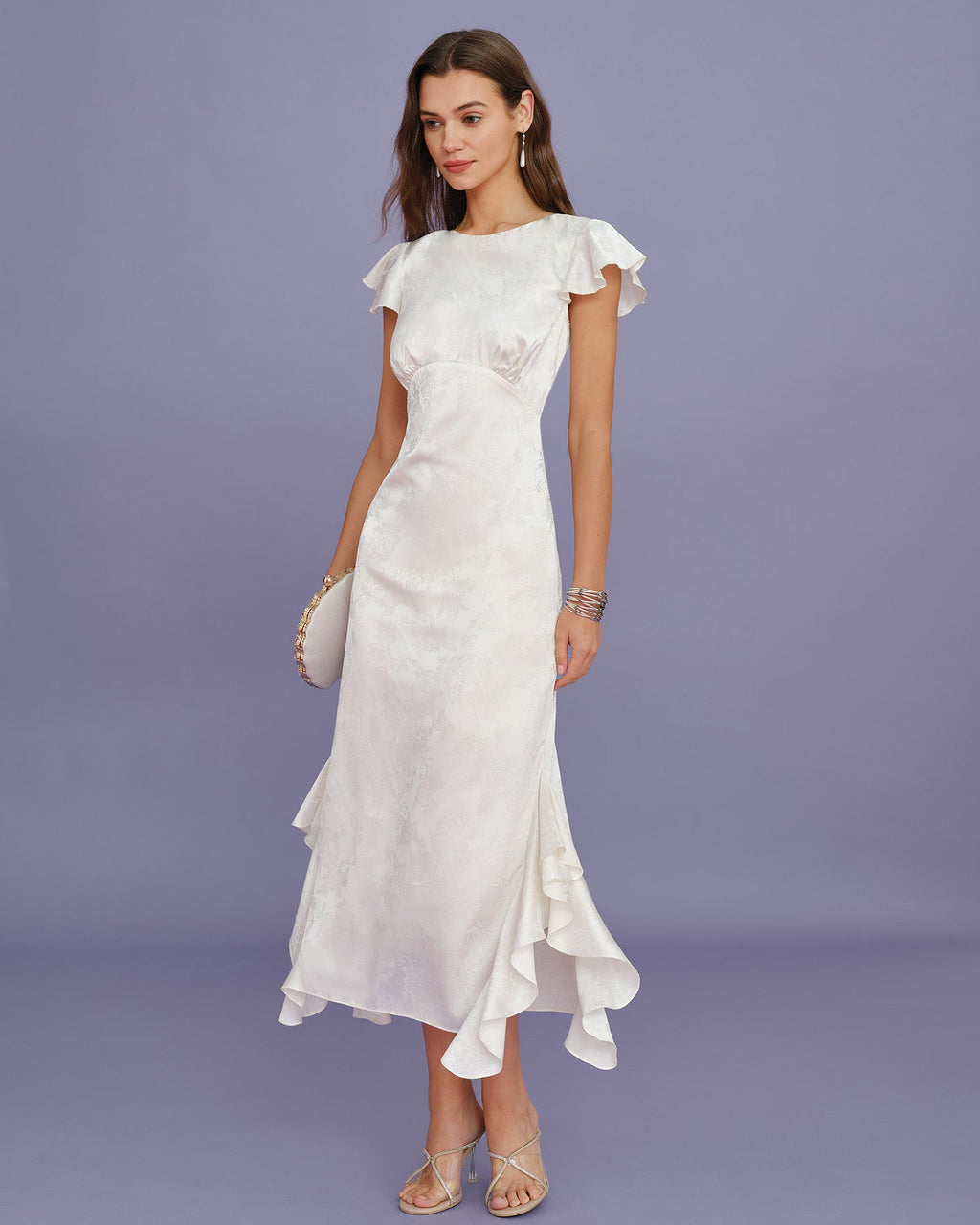 Beige Jacquard Ruffle Midi Dress with Boat Neck