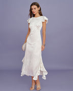 Beige Jacquard Ruffle Midi Dress with Boat Neck